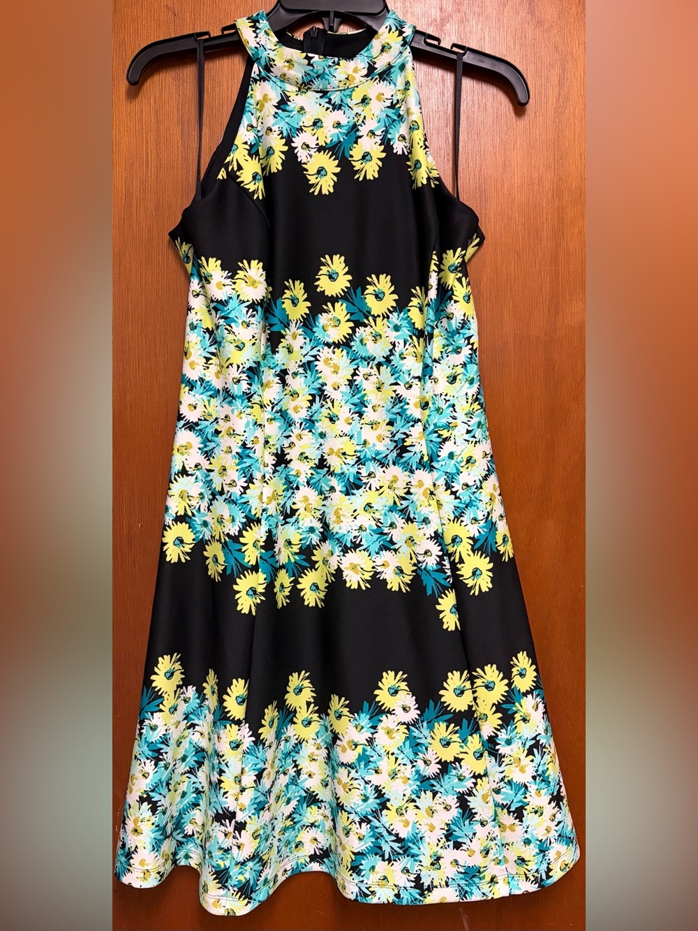 Enfocus Studio Black Dress with Aqua and Yellow Floral Print